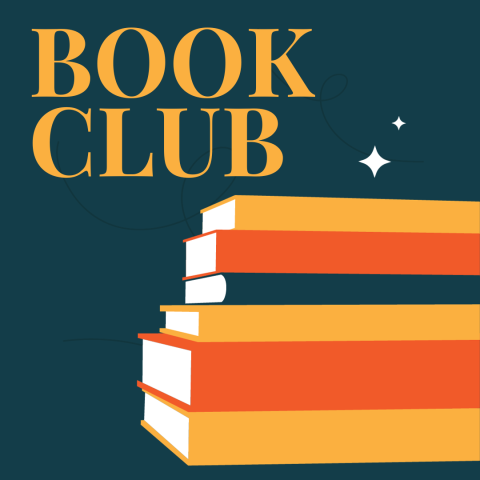 Text reads 'Book Club' and is a photo of books on a navy background