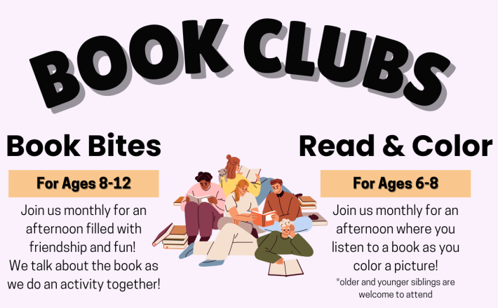 Book clubs for kids! Book Bites for ages 8-12 or Read and color for ages 6-8